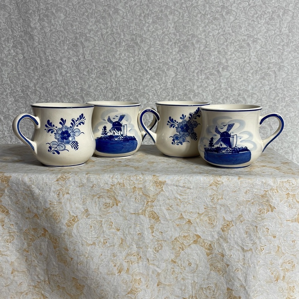 Set of Four Deft Blue Hand Painted Deft Blue Holland Coffee Cups